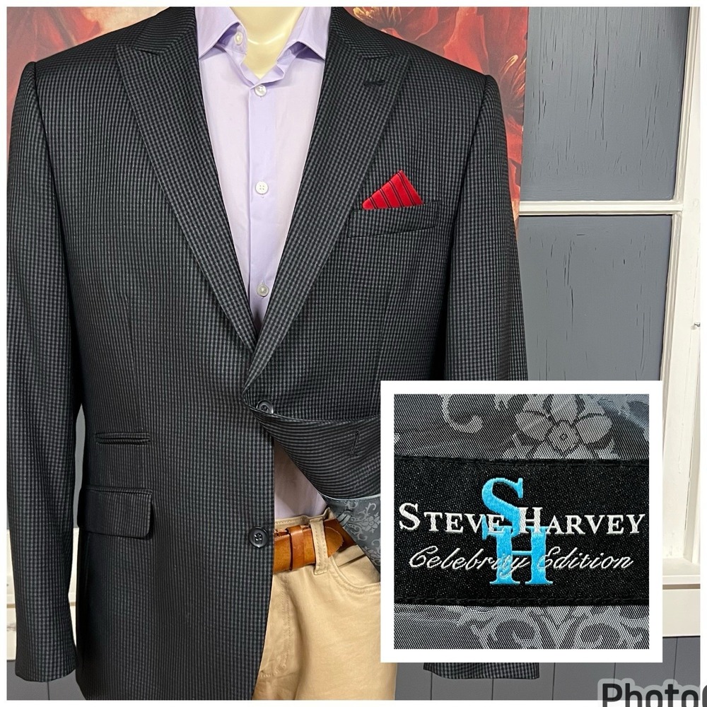 Steve Harvey Blazer Jacket Sport Coat Mens 46R Standard Fit Polyester Navy/Black